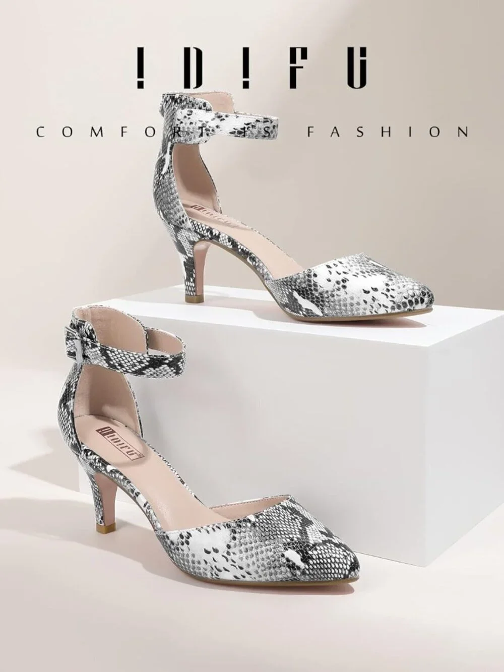 Women's Snake White Pumps Low Kitten Heels Pointed Closed Toe Shoes Strap